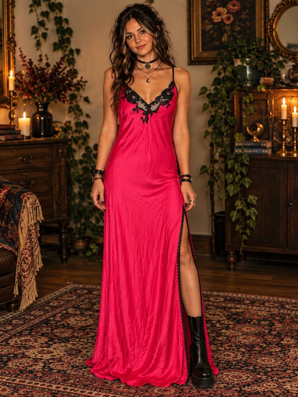 Y2K Victoria's Secret Silk Slip Dress Sz L Red Floor Length Red Black Lace
